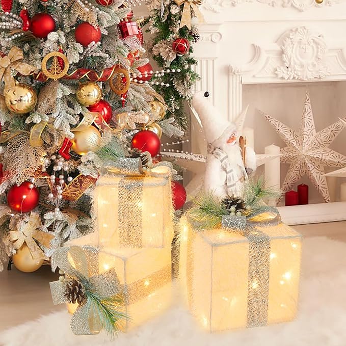 Set of 3 Christmas Lighted Gift Boxes, 60 LED Light Up Present Boxes for Christmas Decorations Indoor Outdoor Yard Xmas Tree Holiday Party Lawn Porch Home Decor (White)