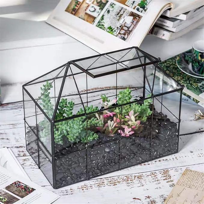 NCYP Glass Terrarium Planter with lid for Small Succulent Cacti - 9.84" x 5.31" x 7.87" Grid House Shape Geometric Planter Pot, Home Garden Indoor Tabletop Decor, Black (No Plants)