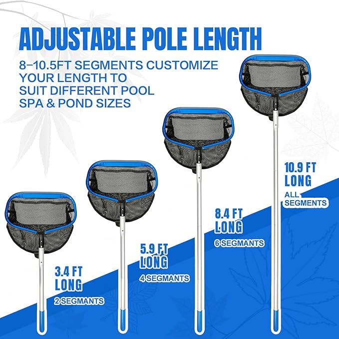joyhalo Pool Skimmer Net with Pole,Upgraded Extra Wide Scoop Edge, Swimming Leaf Rake with 2.5FT-10FT Adjustable Aluminum Pole for Cleaning Leaves, Debris