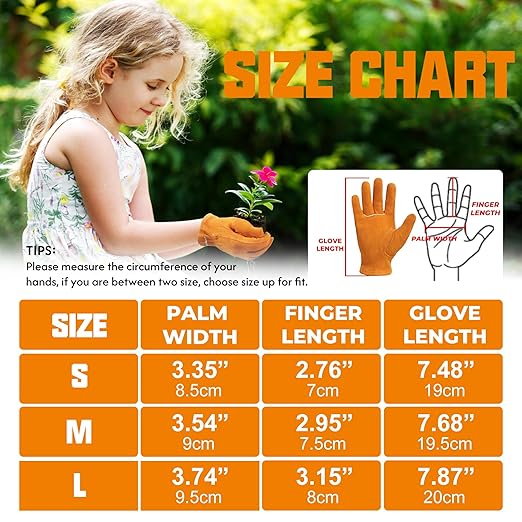 HANDLANDY Kids Genuine Leather Work Gloves for ages 3-11, Children Gardening Gloves for Boys, Girls (Medium (for age 5-7), Orange)