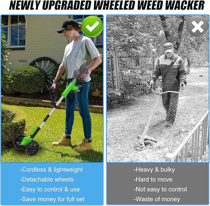 Electric Weed Wacker Battery Powered, Cordless Weed Trimmer with 21V Battery Operated & Charger & Wheels & 25 Blades, No-String Brush Cutter/Lawn Edger/Grass Trimmer for Garden Yard