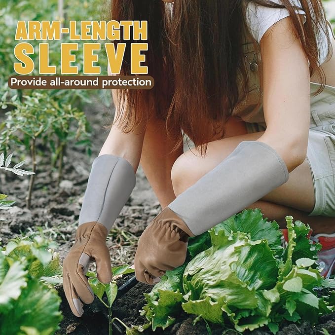 HANDLANDY Pruning Gloves Long for Men & Women, Pigskin Leather Rose Gardening Gloves- Breathable & Durability Gauntlet Gloves (Grey-brown, Small (Pack of 1))