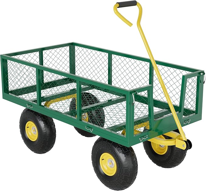 900 Lbs Garden Wagon, 2-in-1 Heavy-Duty Steel Garden Cart, with 10 Inch All-Terrain Tires and Removable Mesh Side Panels, 180° Rotating Handle, Metal Utility Yard Trailer, Outdoor Gardens Wagon Cart