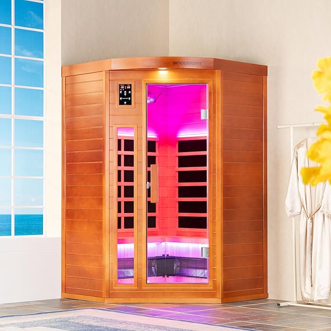 Woodbridge Infrared Sauna Room 2 Person Hemlock Wood Indoor Corner Sauna with 7 Carbon Heaters, Red Light Therapy,Bluetooth Speaker,Intelligent Dual Control System,Tempered Glass,Exterior Brim Light
