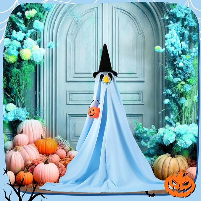 Halloween Porch Goose Outfit Ghost Lawn Goose Clothes with Pumpkin Bag for 23" Disco Plastic/Cement Outdoor Patio Yard Lawn Art Decoration(Blue,Matte)