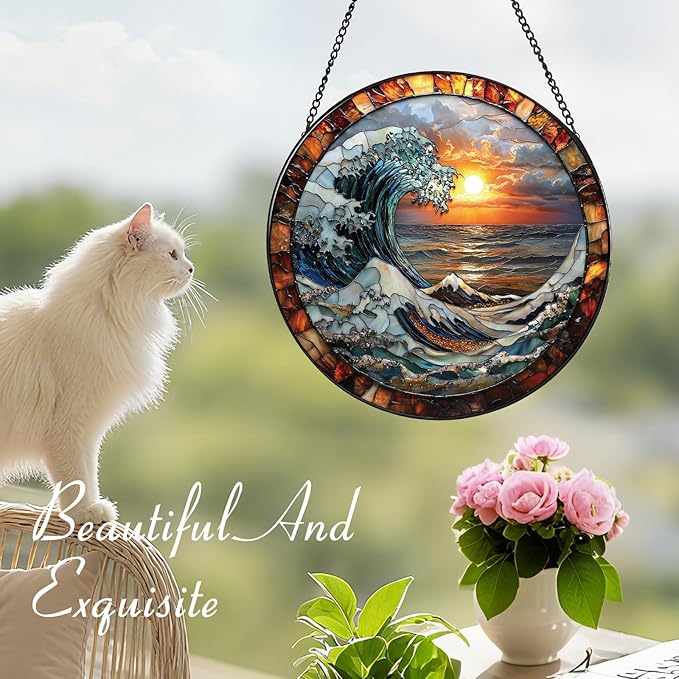 The Ocean Waves and The Sunrise Suncatcher -7.9 in Stained Glass Window Hanging Sun Catcher Garden Decor
