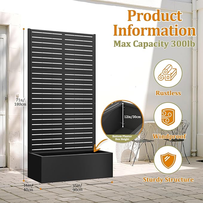 TOAOTBNBO Metal Planter Box with Trellis, Heavy-Duty Raised Garden Bed for Climbing Plants, Drainage Hole, Outdoor Planter Box with Privacy Screen,35''L×16''W×71''H