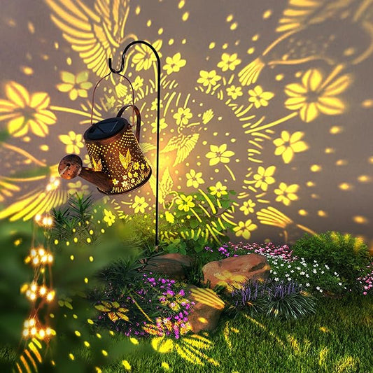 Solar Watering Can Outdoor Lights Garden Decor,Hummingbird Hanging Lantern Waterproof Landscape Lights Outside Decoration for Yard Porch Patio Pathway Gardening Gifts(with 32 inch Shepherd Hook)