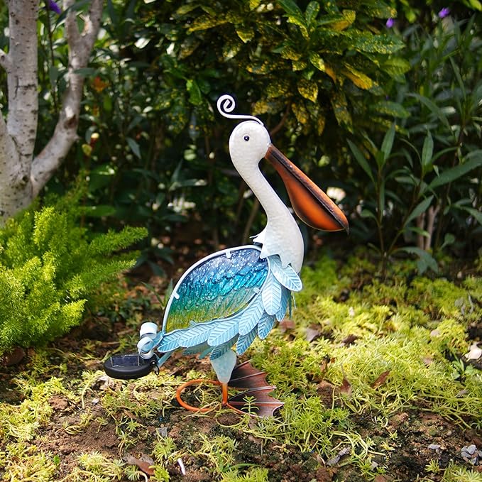 HONGLAND Solar Metal Pelican Statues Garden Sculpture & Statues, 19 Inch Glass Outdoor Pelican Yard Art Coastal Ocean Bird Decor Lawn Ornament for Backyard Porch Patio Decor(Blue-Green)