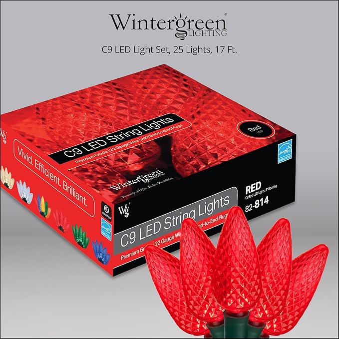 Wintergreen Lighting 25 Red C7 Christmas Lights, 17 Ft – Red LED String Lights for Outdoor Holiday Decor, Valentine's Day and Party Lighting