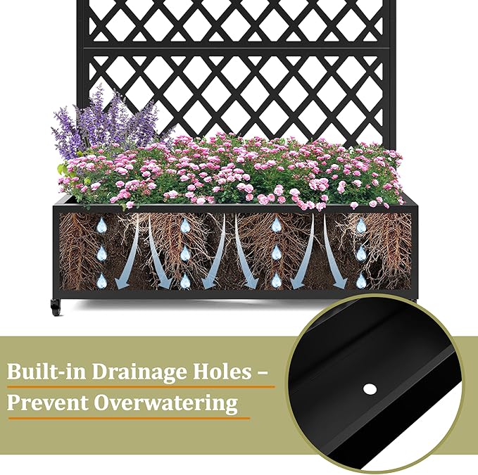Metal Planter Box with Trellis, Heavy-Duty Raised Garden Bed for Climbing Plants, Drainage Hole, Outdoor Planter Box with Privacy Screen,47''L×16''W×71''H