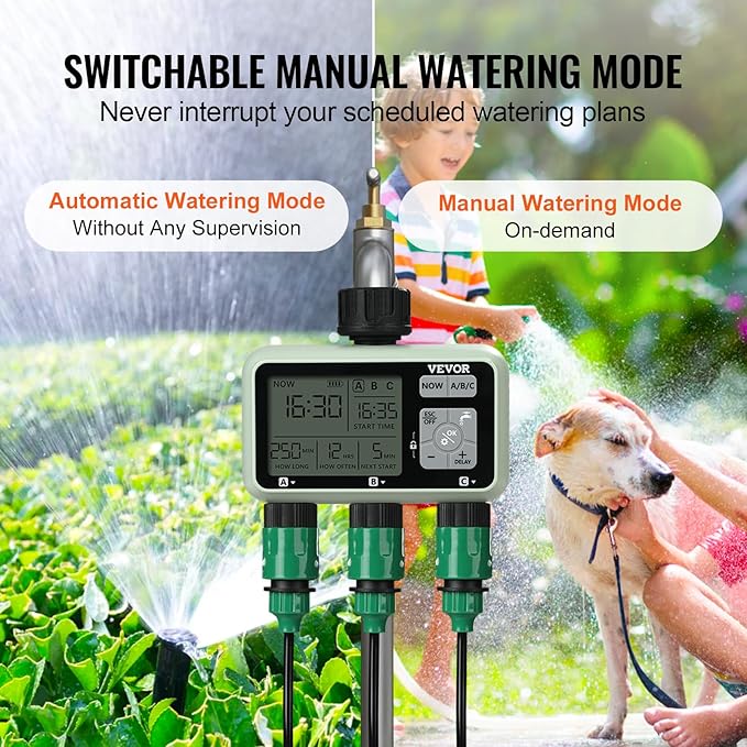 VEVOR Water Timer, 3 Outlets, Hose Watering Sprinkler Timer, with 3 Independent Watering Zone LCD Display Rain Delay Mode Manual Mode 360° Brass Inlet Metal Filter, IPX6 Waterproof for Yard Watering