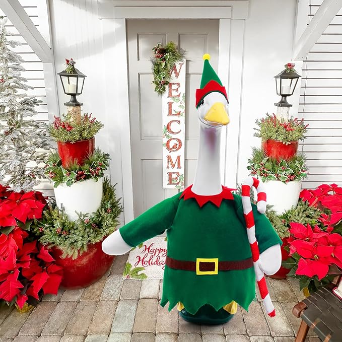 Christmas Toy Soldier Style Porch Goose Outfits,2 Pcs/Set Goose Clothes with Pointed Hat and Candy Cane Fits 23" Lawn Goose Statue,Green Christmas Outdoor Goose Costume,Yard Patio Garden Xmas Decor