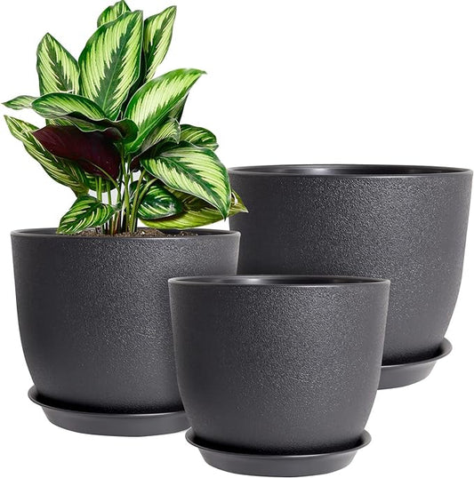 WOUSIWER Plant Pots 10/9/8 inch, Set of 3 Modern Decorative Plastic Planters with Drainage Holes and Saucers for House Plants Indoor Flowers Plants, Black