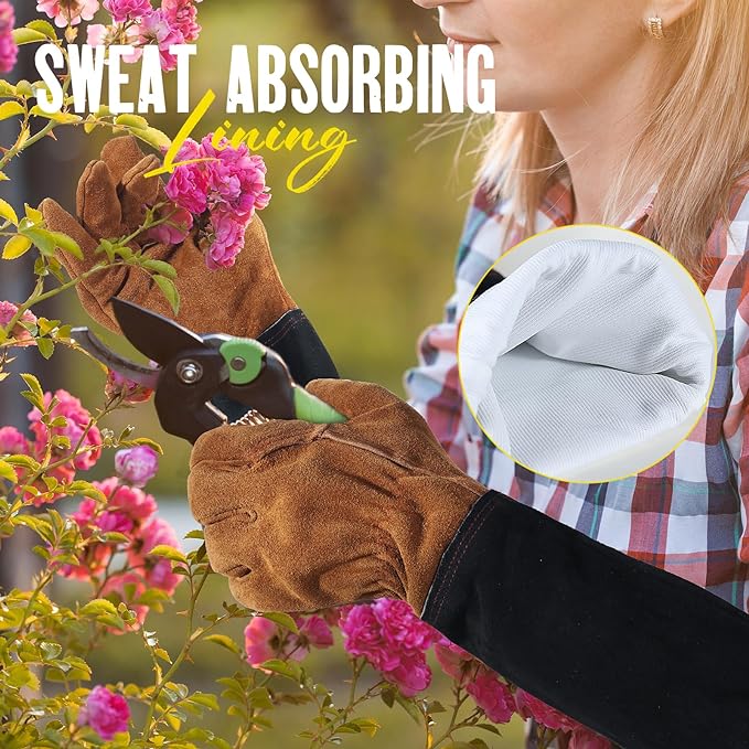 HANDLANDY Ladies Leather Gardening Gloves, Thorn Proof Women Long Rose Gloves (Black-brown, Large (Pack of 1))