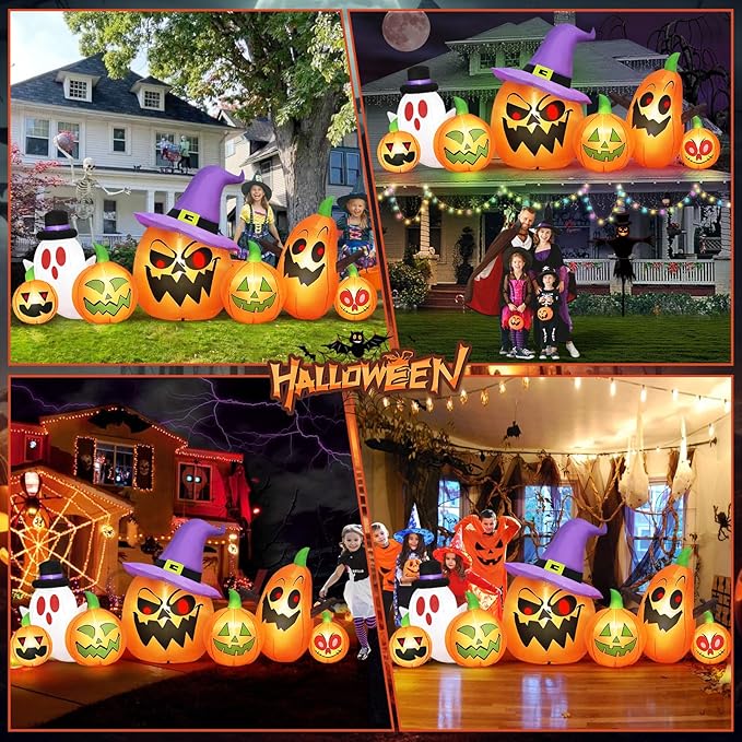 Danxilu 8FT Long Halloween Inflatables Outdoor Decorations, Haunted Inflatable Pumpkins with Witch Hat & Ghost Combo Blow Up Yard Decoration Built-in LEDs Lighted for Lawn Garden Outside Indoor Decor