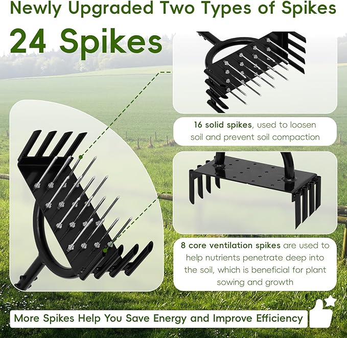 2-in-1 Lawn Aerator Tool, Multifunctional Carbon Steel Aeration Tool for Lawn , Manual Lawn Air Aerator Tool with 24 Spikes, Grass Aerator for Lawn for Compacted Soil, Garden Tool Lawn Core Aerator