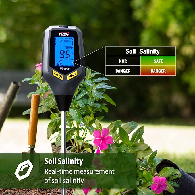 NDI Soil Moisture Meter,5-in-1 Soil Test Kit Tool with Moisture,Light,PH,Temperature and Salinity for Gardening, Farm, Lawn, Indoor & Outdoor Plants.