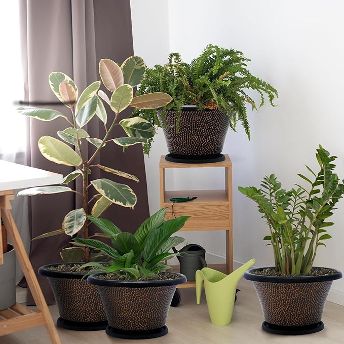 Quarut 12 Inch Pots for Plants,4 Pack Large Flower Pots with Drainage Hole & Saucer,Modern Planters for Indoor Outdoor Plants,Decorative Resin Garden Pots Brown