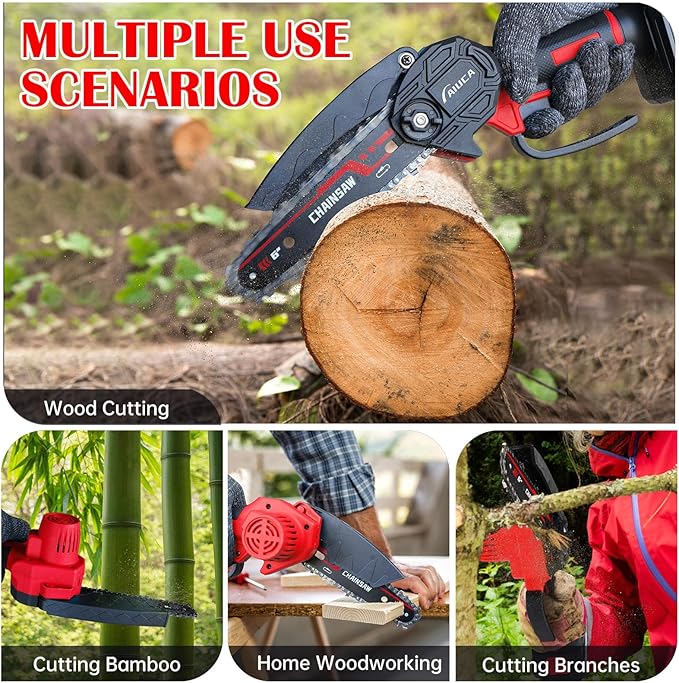 6-Inch Mini Chainsaw, Cordless Handheld Electric Chainsaw with 2x 24V 4000mAh Batteries & 2 Chains, Lightweight & Portable, for Tree Trimming, Wood Cutting, Gardening, Outdoor & Household Use (Red)