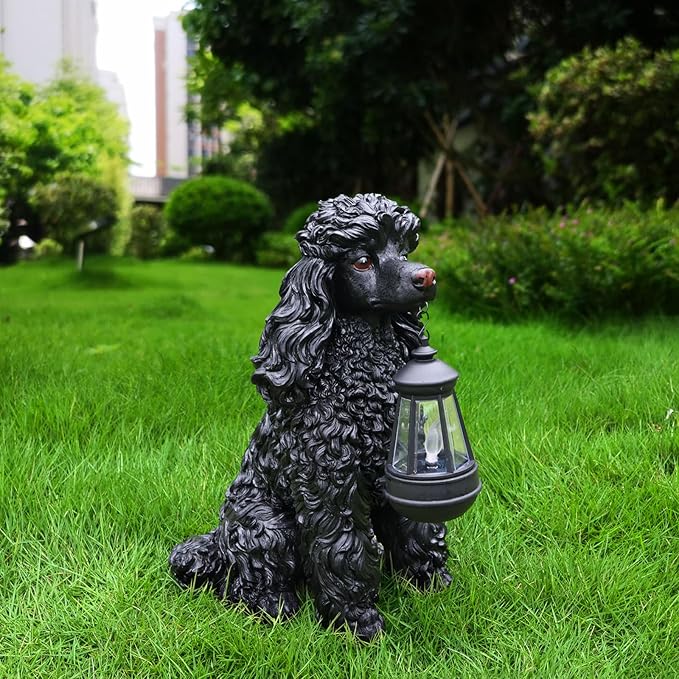 Porch Greeter Dog Statue with Flip-Over “Welcome/ON Patrol” Hanging Plaque and Solar Walkway Lantern, Black Sitting Poodle Yard Accent