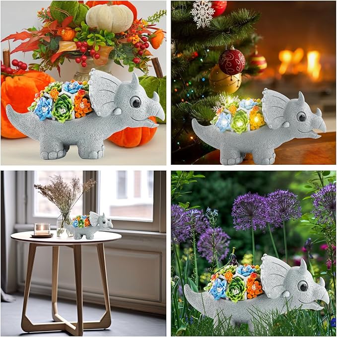 Garden Decor Solar Dinosaur Statues with Succulent and LED Lights for Outside, Outdoor Lawn Decorations Statue for Patio,Balcony,Yard,Unique Housewarming & Birthday Gifts for Women Mom Grandma