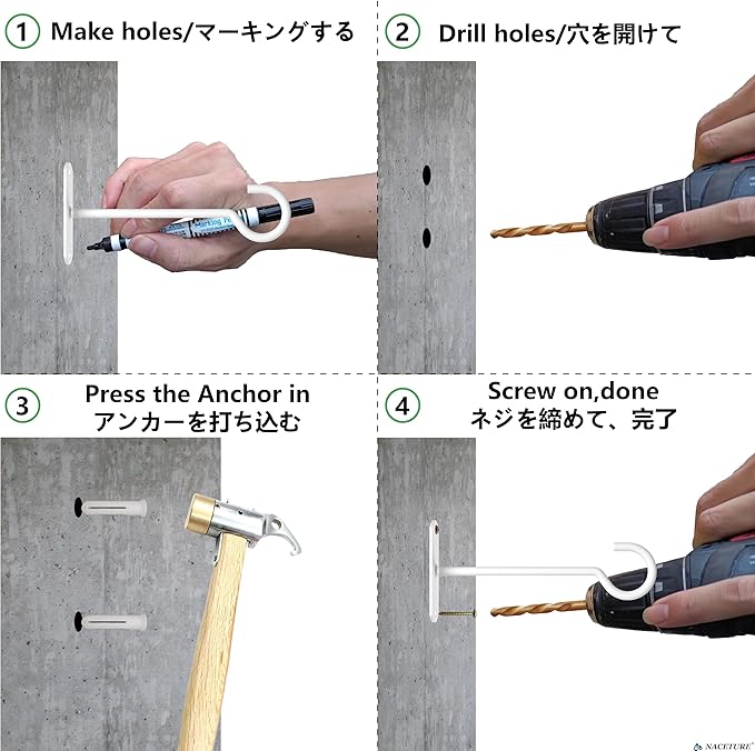 NACETURE Ceiling Hooks for Hanging Plants 4 Pack - Square Wall Mount Plant Hanger Indoor Hanging Hooks Metal Plant Bracket Iron Lanterns Hangers for Wind Chimes, Planters (5" White 4 Pack)