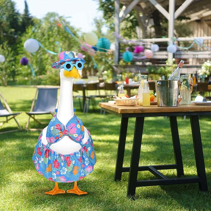Summer Goose Outfit Porch Goose Outfits Bikini Goose Clothes Hawaiian Porch Goose Clothes for 23" Cement Plastic Goose Outdoor Garden Yard Patio Decor (Blue)