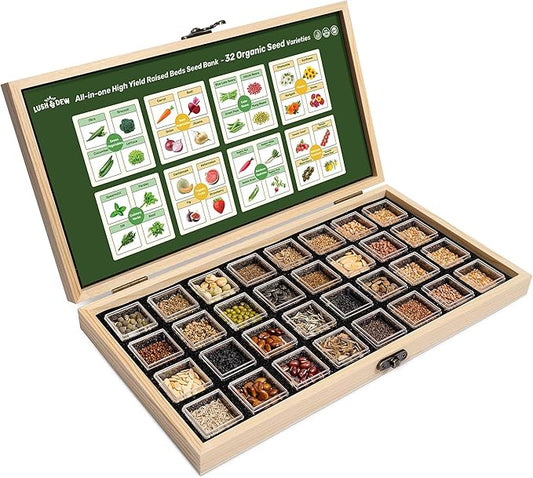 Lush&Dew Raised Garden Bed Seed Bank, 32 Varieties Non-GMO Seeds of Vegetables, Herbs, Flowers, Fruits, Gardening Gifts, Emergency Supplies, Survival Gear Food
