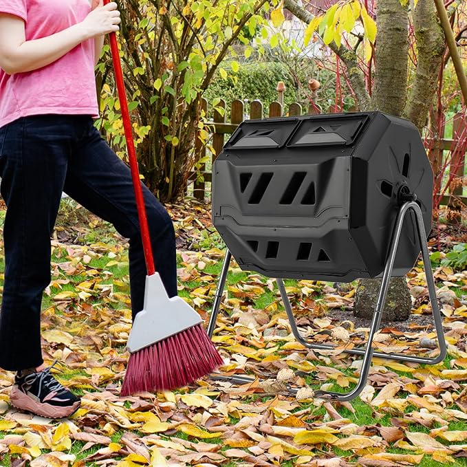 S AFSTAR Composter Tumbler Outdoor, 42-Gal Dual Chamber Tumbling Composter with 2 Sliding Doors, Metal Frame, BPA-Free Large Rotating Compost Bin Tumbler for Garden Yard Waste (Black)