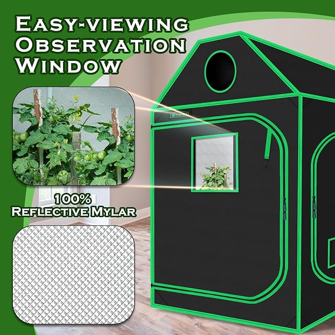 5x5 Growing Tent, 60"x60"x72" Roof Cube Grow Tent Plant Grow Tent, Indoor Growing Tent with Observation Windows, Lightproof Roof Cube Tent with Floor Tray, Mylar Hydroponic Tent