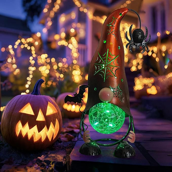 Halloween Decorations Outdoor Gnome Solar Lights, Color Changing LED Lights with Spider Web Hollowed-Out Hat, Spooky Halloween Outdoor Decorations for Garden, Patio, Yard, Pathway (Pumpkin)