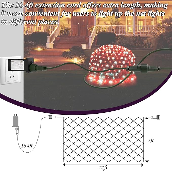 Red White Net Lights Christmas Decorations, 21ft x 5ft 360LED Mesh Lights Outdoor Green Wire 8 Modes Timer, Waterproof Connectable String Lights for Bushes Xmas Tree Garden Holiday Party