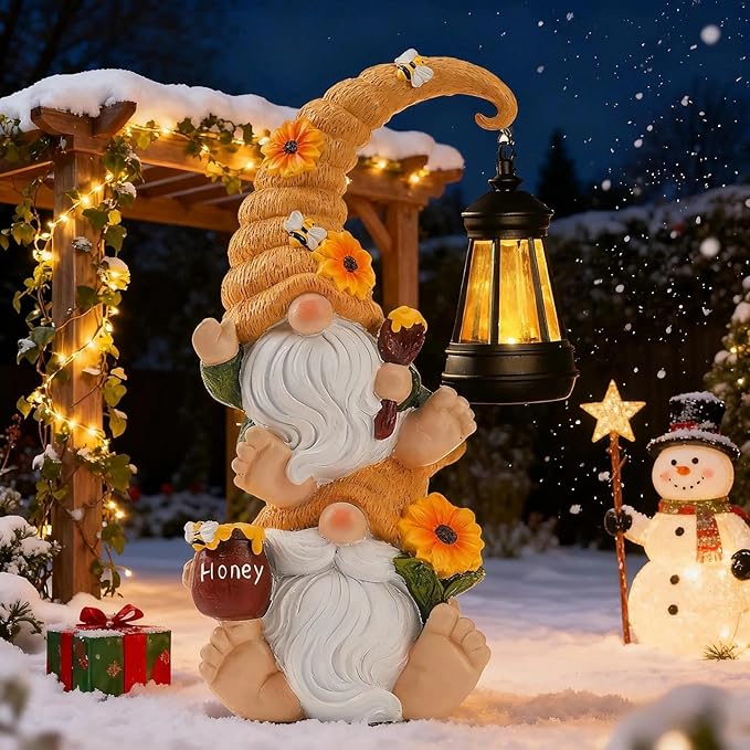 Christmas Garden Gnome Statue with Solar Lights – Large Outdoor Sculptures for Patio, Lawn, Yard – Ideal Gifts for Moms, Women, Grandma, Birthdays, – Funny Double Gnomes Decoration for Christmas