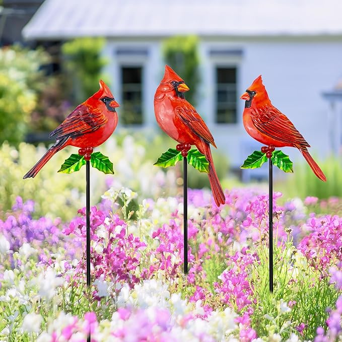 3 Pack Red Birds Metal Decorative Garden Stakes - 20 Inch Shaker Patio Decor Art and Rust Resistant Metal Garden Decor for Indoor and Outdoor Decor - Perfect for Patio and Lawn Ornaments