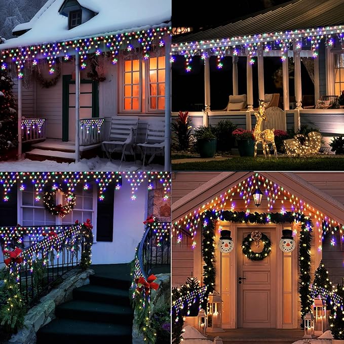 Christmas Lights Outdoor Decorations 218 LED 13.8ft Curtain Fairy Lights with 12 Drops, Clear Wire LED String Light Decor with 8 Modes for Wedding Party Holiday Christmas Home Indoor Outdoor Decor