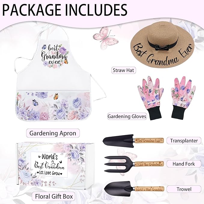 Grandma Gifts for Mothers Day, Gardening Tools Kit with Gloves Apron and Hat, Best Grandma Ever Gifts for Plant Lover, Gardening Gifts Set for Christmas, Grandma Gifts from Grandkids Grandchildren