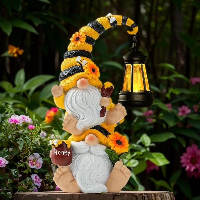 Solar Bee Garden Gnomes with LED Lantern – Waterproof Stacked Outdoor Decor for Yard, Patio – Unique Gnome Gift for Women, Mom, Grandma (Christmas Decor, Outdoor Statues)