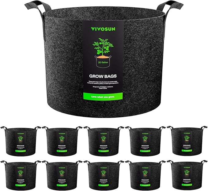 VIVOSUN 10-Pack 20 Gallon Grow Bags, Reinforced Planter Fabric Pots for Gardening Black