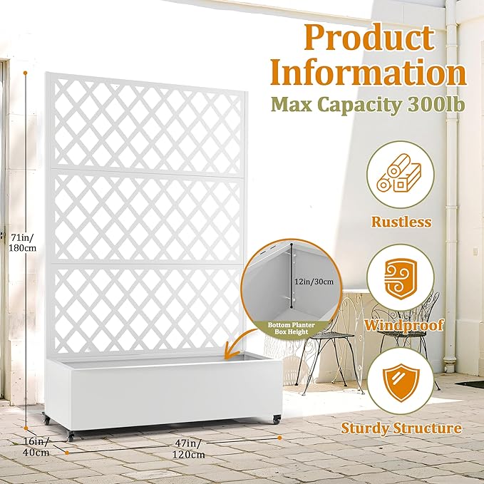 Metal Planter Box with Trellis, Heavy-Duty Raised Garden Bed for Climbing Plants, Drainage Hole, Outdoor Planter Box with Privacy Screen,47''L×16''W×71''H