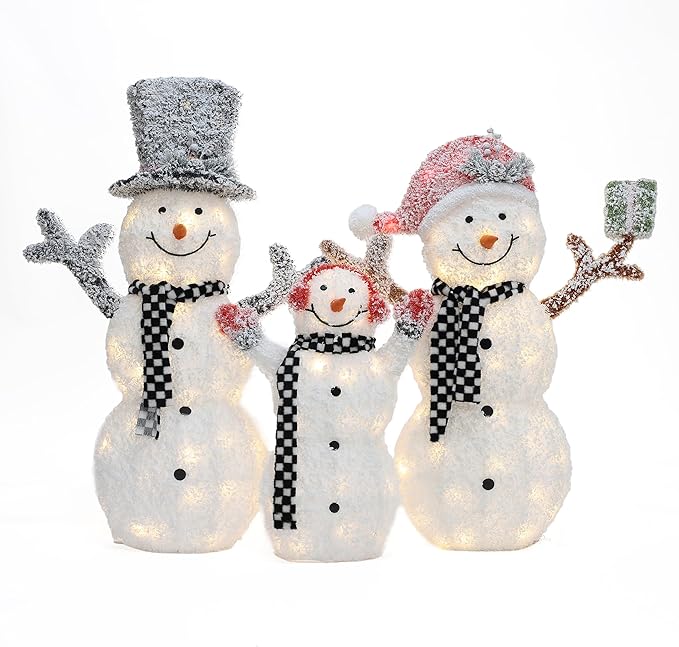 LuxenHome 3.5FT Lighted Snowman Family Outdoor Decorations, Prelit Frosted Snowman with Hat and Scarf, Illuminated Christmas Decorations Indoor and Outdoor for Porch, Lawn, Holiday Yard Decor