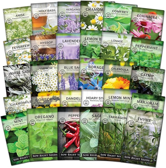 Sow Right Seeds - Extra Large Medicinal Herb Seed Collection for Planting - Lemon Balm, Lavender, Yarrow, Echinacea, Bergamot, Chamomile, Calendula, Mint & More - Non-GMO Heirloom, Home Remedies