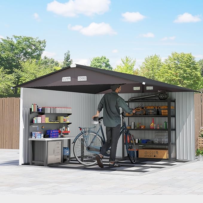 Outsunny 11' x 9' Outdoor Storage Shed, Garden Tool Metal Shed with Foundation Kit, Double Lockable Door, Air Vents and Sloping Roof, for Backyard, Patio, Lawn, Brown