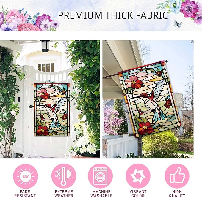 Spring Summer Hummingbird Garden Flag Glass Style Garden Flag Vertical Double Sided Rustic Farmland Burlap Yard Lawn Outdoor Decor 28x40"