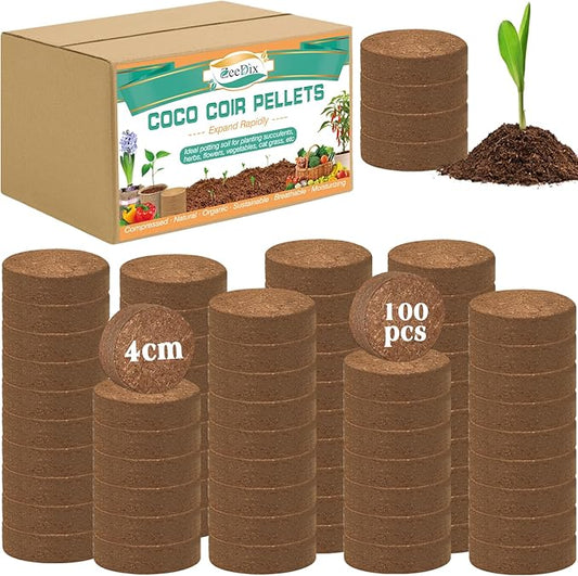 ZeeDix 100 Pcs (40mm) Compressed Coco Coir Fiber Potting Soil Seed Starters - Organic Coco Coir Pellet Fiber Soil for Planting Bonsai, Herbs, Plants, Flowers and Vegetables