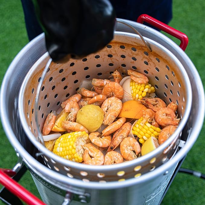 Creole Feast TFK-TG-3001 30 Qt. Turkey Fryer Boiler Steamer Kit with 10 Qt. Fish Fryer Pot & Gloves, Outdoor Turkey Fryer Pot with Basket and Burner, 50,000 BTUs, Silver & Black