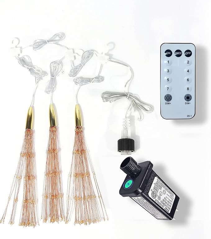 3 Pack 600 LED Plug-in Starburst Lights, Firework Light 8 Modes Dimmable Remote Control Waterproof Hanging Fairy Lights, Copper Wire Light for Patio Party Tent Halloween Christmas Decor (Warm White)