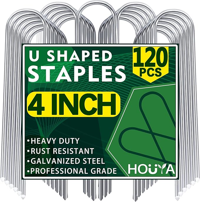 U Shaped Garden Stakes 4 Inch 120 Pack Drip Irrigation Stakes Galvanized Landscape Garden Staples Hose Stakes for Soaker Hose Drip Line Irrigation Tubing Tube, Lawn Ground and Weed Barriers