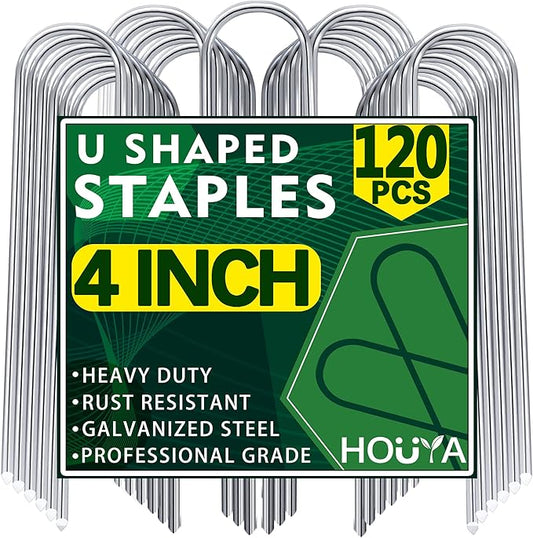 U Shaped Garden Stakes 4 Inch 120 Pack Drip Irrigation Stakes Galvanized Landscape Garden Staples Hose Stakes for Soaker Hose Drip Line Irrigation Tubing Tube, Lawn Ground and Weed Barriers