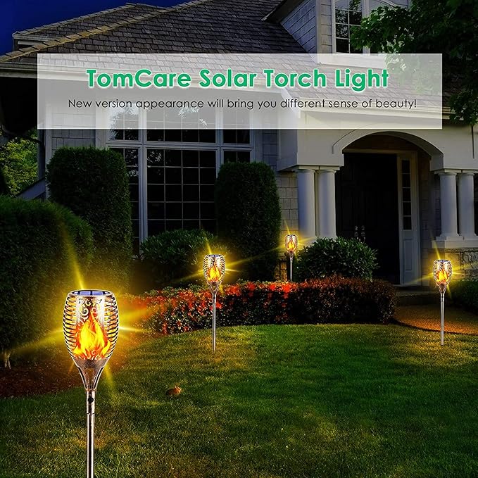 TomCare Solar Lights Outdoor 99 LED Higher & Larger Flickering Flame Solar Torch Lights 43" Decorative Waterproof Solar Powered Pathway Landscape Lighting for Garden Patio Yard, 4Pack (Bronze)